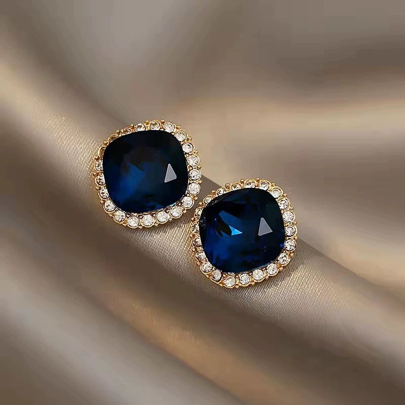 Square blue crystal retro luxury earrings