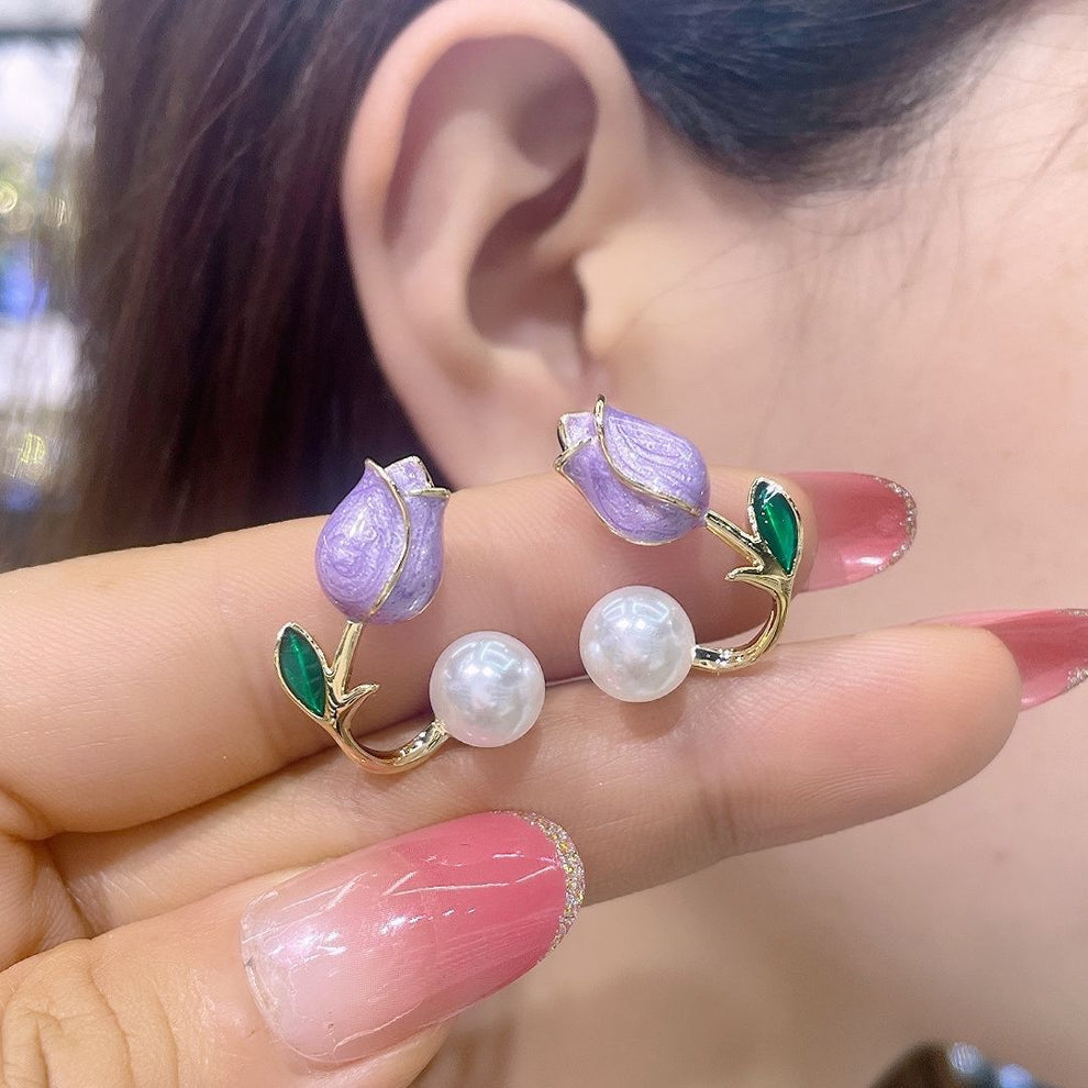 Korean Tulip Pearl Earring - Purple