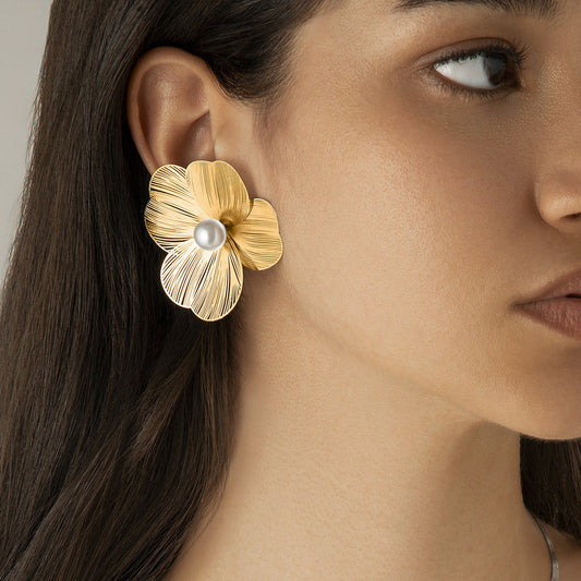 Korean simple metal flower earring - Gold
