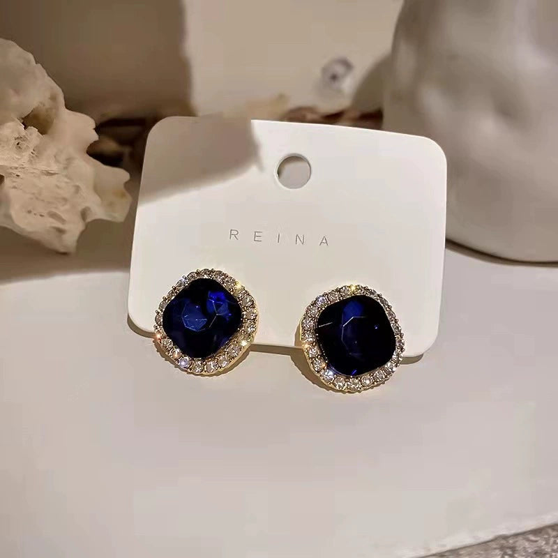 Square blue crystal retro luxury earrings